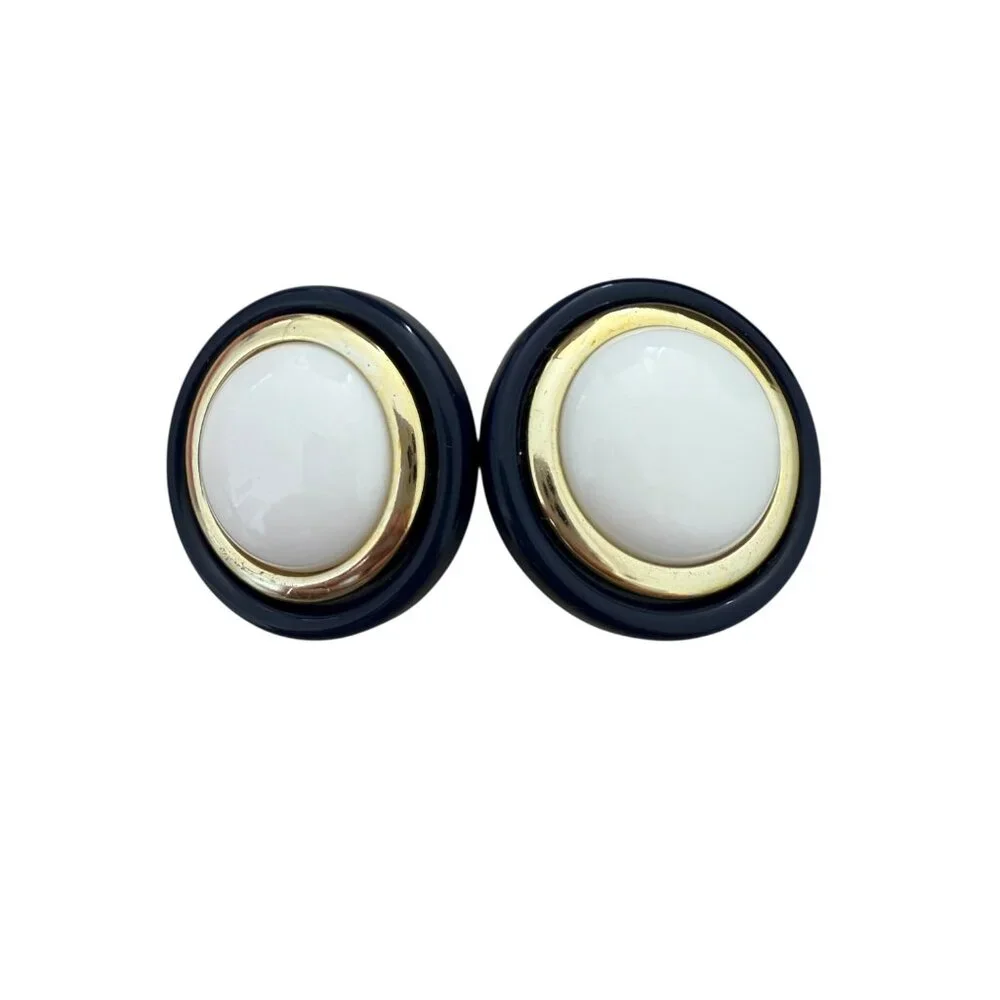 Vintage Large Size Round Blue, White, Gold Lucite Plastic Pierced Earrings 80s